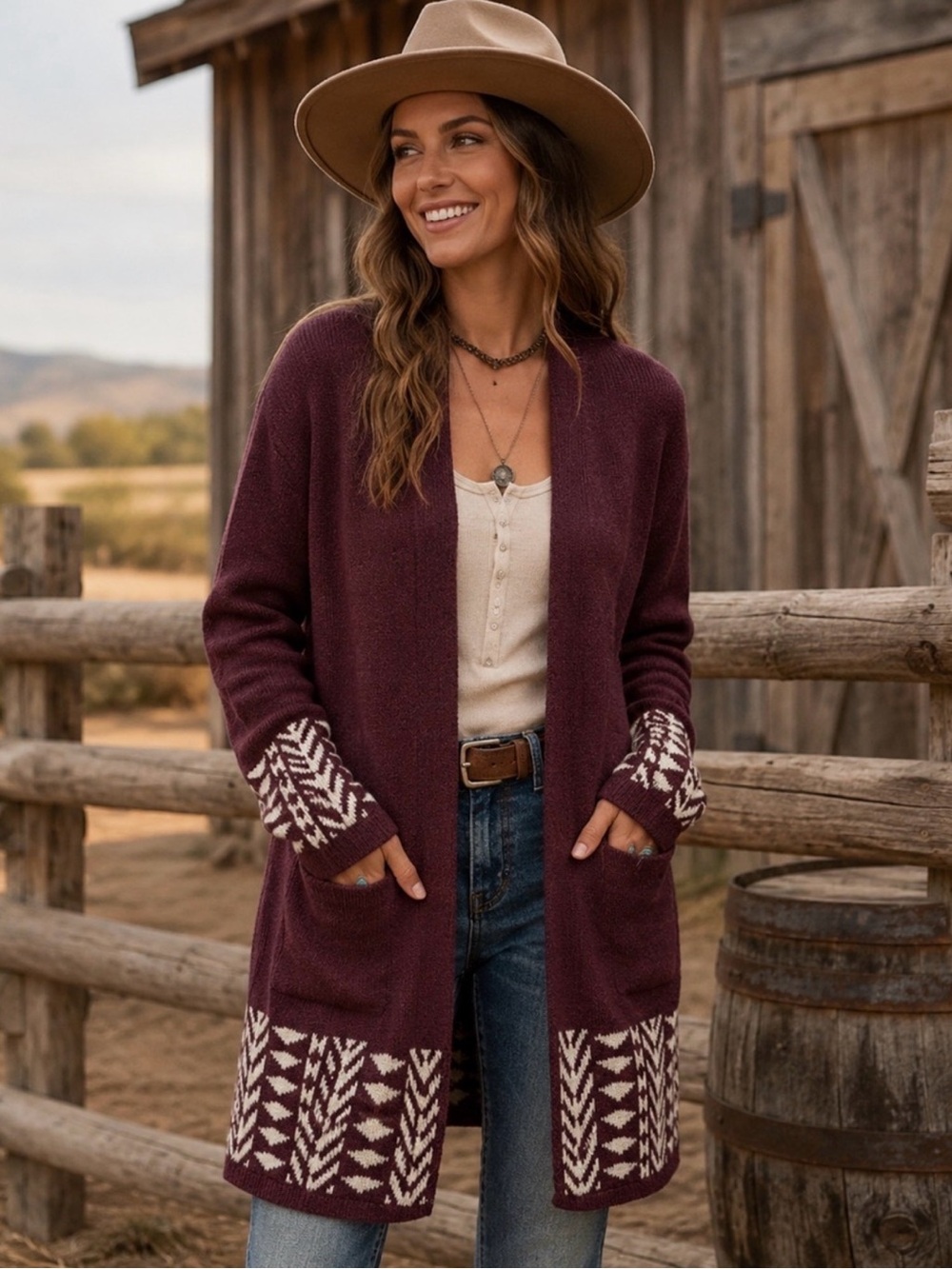 NWT Frye Open Front Cardigan Sweater Maroon Game Day Cozy Fair Isle